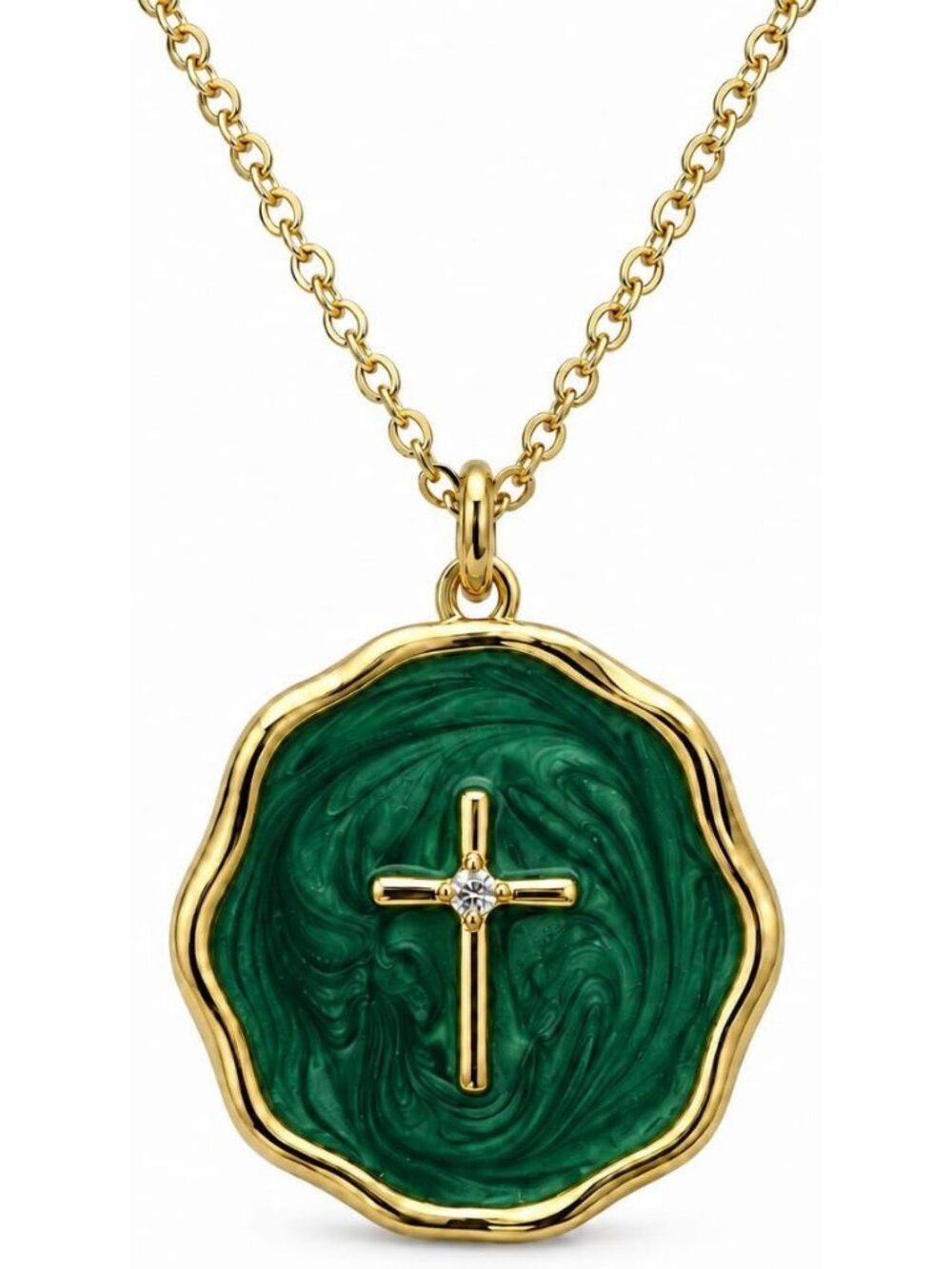 Women's 18K Gold Plated Green Enamel Cross Necklace Christian Religious Pendant